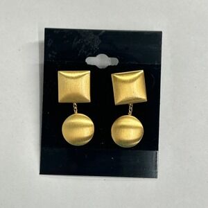 Vintage 1980s Matte Satin Gold Tone Geometric Square Circle Dangle Post Earrings